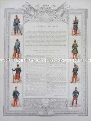 Uniformdarstellung, Uniformen von Soldaten des 2. Fremden-Regiments und Zeittafel von Schlachten und Belagerungen mit Beteiligung dieses Regiments bzw. seiner Vorläufer, Frankreich, 1841-1892.