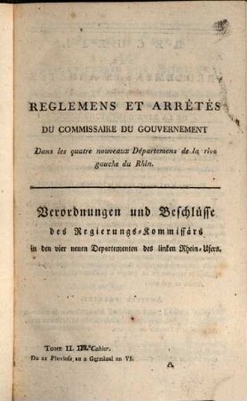 Recueil des réglemens et arrêtés émanés du Commissaire du Gouvernement dans les Quatre Nouveaux Départemens de la Rive Gauche du Rhin, 1.1799/1800,2 = Nr. 3/4