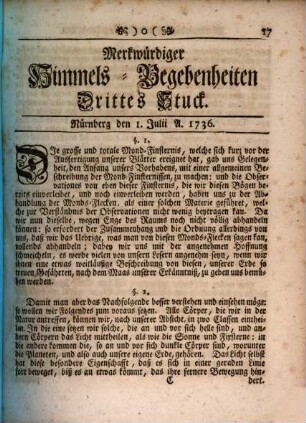 Merkwürdiger Himmels-Begebenheiten Stück .... 1736,3 (Juli)