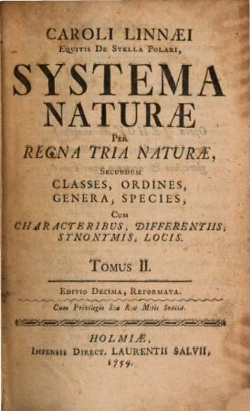 Caroli Linnaei Equitis De Stella Polari, Archiatri Regii, Med. & Botan. Profess. Upsal.; ... Systema Naturae : Per Regna Tria Naturae, Secundum Classes, Ordines, Genera, Species, Cum Characteribus, Differentiis, Synonymis, Locis, 2