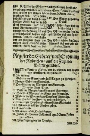 Register der Gebeter/ nach Ordnung der Rubricken/ auff die Zahl der Blätter gerichtet.