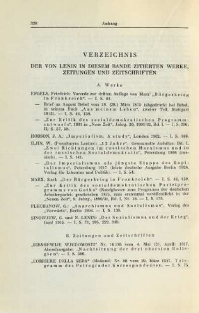 Verzeichnis Der Von Lenin In Diesem Bande Zitierten Werke, Zeitungen Und Zeitschriften