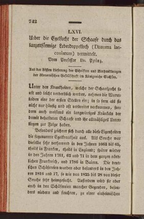 LXVI. Ueber die Egelsucht der Schaafe durch das lanzettförmige Lederdoppelloch (Distoma lanceolarum) vermittelt