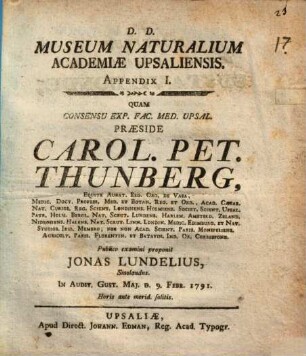 Museum Naturalium Academiae Upsaliensis, App,1