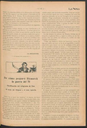 De cómo preparó Bismarck la guerra del 70 : Falsificación del telegrama de Ems ; el texto del Original y el texto Apócrifo