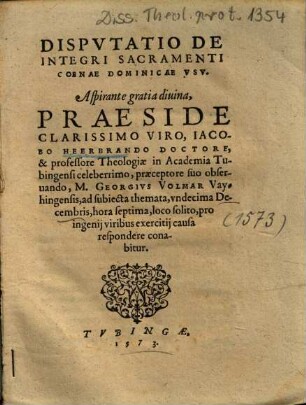 Dispvtatio De Integri Sacramenti Coenae Dominicae Vsv
