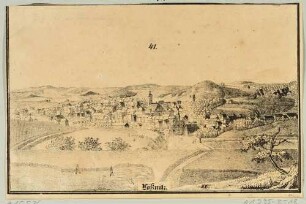 Ortsansicht der Bergstadt Lößnitz bei Aue im Erzgebirge von Osten