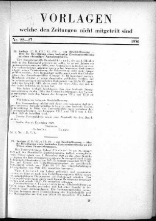 Anlage: (22-23), Vorlagen, welche den Zeitungen nicht mitgeteilt sind, 3. Januar 1930