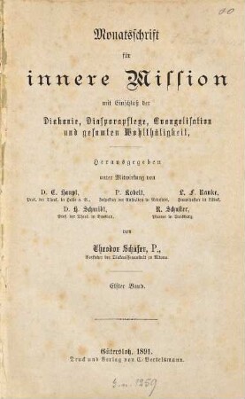 Monatsschrift für innere Mission mit Einschluß der Diakonie, Diasporapflege, Evangelisation und gesamten Wohltätigkeit. 11. 1891
