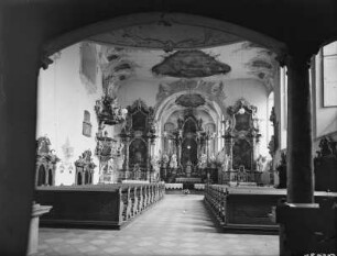 Münnerstadt. Kloster Münnerstadt, Augustinerklosterkirche St. Michael, Inneres. Blick zum Altar