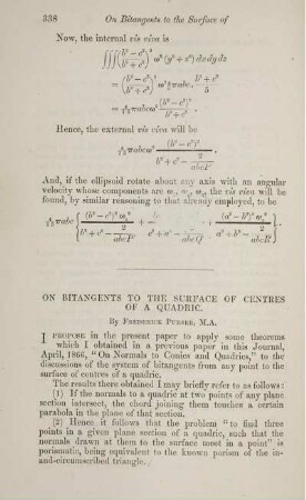 On bitangents to the surface of centres of a quadric.