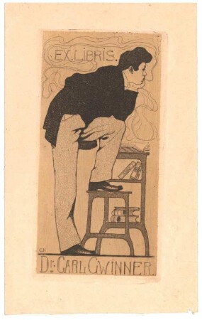 Exlibris für Dr. Carl Gwinner : Seitlich dargestellter Mann mit einem Fuß auf einem Tritt, den Kopf in die Hand gestützt, Büchertisch mit Büchern, Namenszug unter der Darstellung; signiert