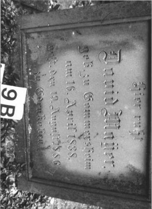 Grabstein 9 (Index: 99808397) Material: Sandstein Zustand: gut Maße HxBxT: 170x62x33 cm Beschreibung: ädikulaartige Stele mit Säulen, flacher Abschluß mit Aufsatz, Schriftfelder eingetieft Symbolik: Schofar, Blumenkranz: Grabstein 9B