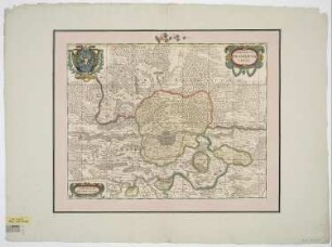 Gebietskarte von Frankfurt (Main), 1:100 000, Kupferstich, um 1700 : Territorivm Francofvrtense. - [Ca. 1:100 000]. - Amstelodami , [um 1700]. - 1 Kt. : Kupferstich ; 48 x 37 cm S oben. - Titelkartusche oben rechts. - Verlegerkartusche unten links. - Mit 1 Wappendarst. oben links. - Windrose Mitte. - Mit Kt.-Netz