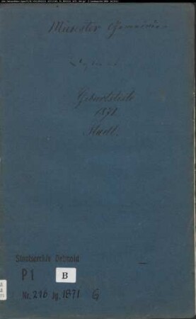 Kirchenbuchduplikat der evangelisch-lutherischen Münstergemeinde Herford, Kreis Herford (GHT 1871). (Gemeinde: Evangelische Münster-Gemeinde Herford)