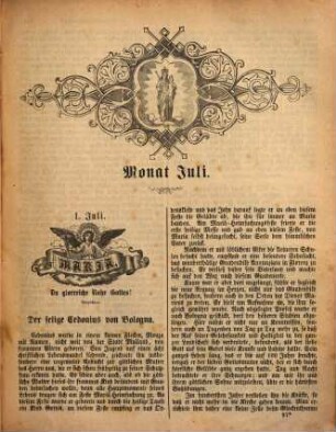 Marianum : Legende von den lieben heiligen und gottseligen Dienern Unserer Lieben Frau und den berühmtesten Gnadenorten der hohen Himmelskönigin ; mit 1 Titelstahlstiche, allegorischem Titel und vielen schönen Bildern in feinem Holzstich, 2. Die Monate Juli bis Dezember