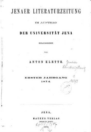 Jenaer Literaturzeitung. 1, 1. 1874