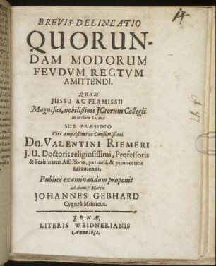 Brevis Delineatio Quorundam Modorum Feudum Rectum Amittendi