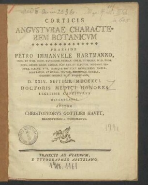 Corticis Angvstvrae Characterem Botanicvm