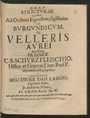 Stricturae Quaedam Ad Ordines Equestres, sigillatim Ad Burgundicum, Qui Velleris Aurei appellatur