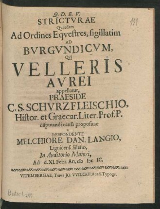 Stricturae Quaedam Ad Ordines Equestres, sigillatim Ad Burgundicum, Qui Velleris Aurei appellatur