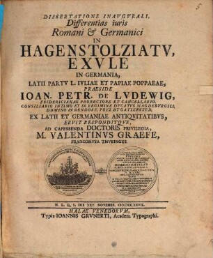 Dissertatione Inavgvrali, Differentias iuris Romani & Germanici In Hagenstolziatv, Exvle In Germania, Latii Partv L. Ivliae Et Papiae Poppaeae