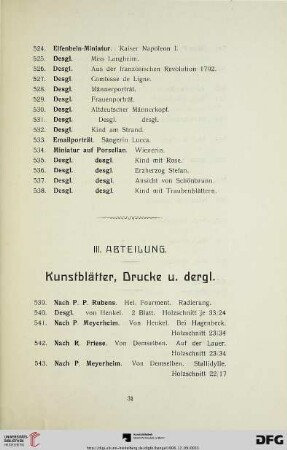 III. Abteilung. Kunstblätter, Drucke u. dergl. (Nr. 539-632)