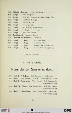 III. Abteilung. Kunstblätter, Drucke u. dergl. (Nr. 539-632)