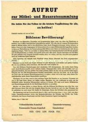 Aufruf der Gemeindevertreter, Spitzenfunktionäre der Parteien, des FDGB, der Volkssolidarität, des Frauenausschusses und der FDJ in Böhlen zu einer Möbel- und Hausratssammlung für Umsiedler und Ausgebombte