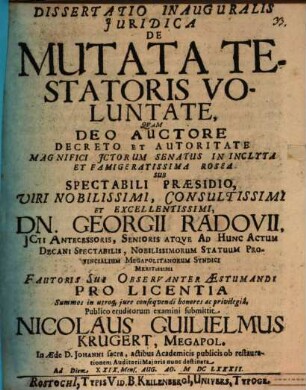 Diss. inaug. ... de mutata testatoris voluntate