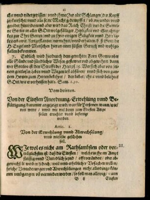 Vom dritten. Von der Eltesten Anordnung/ Erwehlung unnd Bestättigung ...