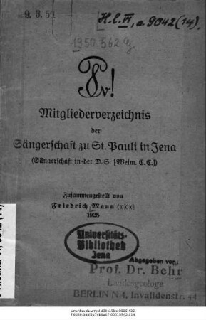 Mitgliederverzeichnis der Sängerschaft zu St. Pauli in Jena ...