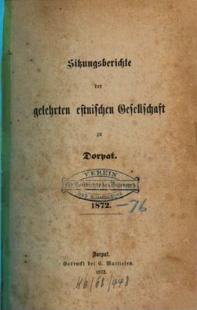 Sitzungsberichte der Gelehrten Estnischen Gesellschaft. 1872, 1872
