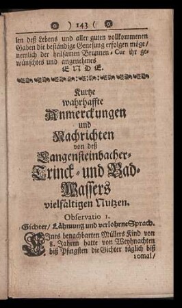 Kurtze wahrhaffte Anmerckungen und Nachrichten von deß Langensteinbacher-Trinck- und Bad-Wassers vielfältigen Nutzen.