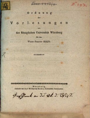 Ordnung der Vorlesungen an der Königlichen Universität Würzburg. 1824/25. WS.