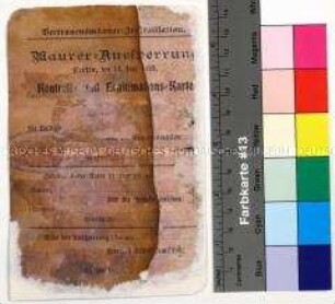 Kontroll- und Legitimationskarte für unbekannt anlässlich des Maurerstreiks ("Maurer-Aussperrung") in Berlin