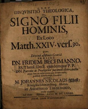 Disquisitio theologica de signo filii hominis : ex loco Matth. XXIV. vers. 30