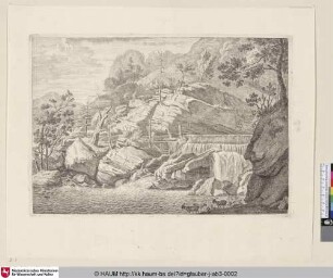 [Landschaft mit Damm und drei Ziegen; Landscape with dam and three goats]