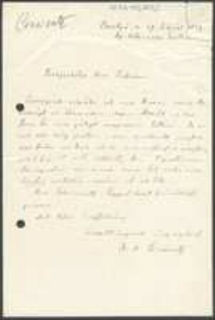 Brief von Hugo Conwentz an Unbekannt