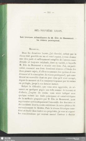 Dix-neuvième leçon. Les travaux scientifiques de M. Élie de Beaumont - Le réseau pentagonal