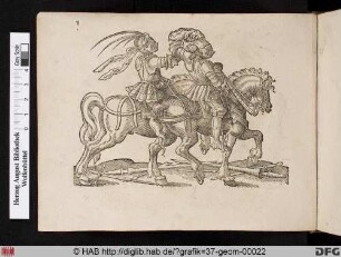 Ein Ritter zu Pferde greift an den Helm seines Gegners.