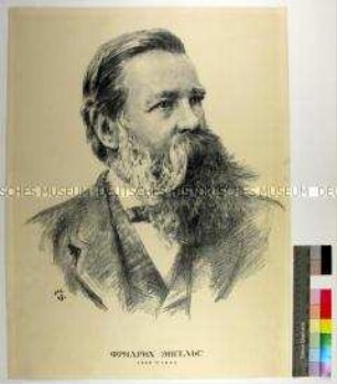 Reproduktion eines Porträts des Philosophen und Gesellschaftstheoretikers Friedrich Engels nach einer Zeichnung nach einer unbekannten Fotografie (in russischer Sprache untertitelt)