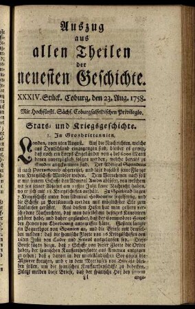 XXXIV. Stück. Coburg, den 23. Aug. 1758.