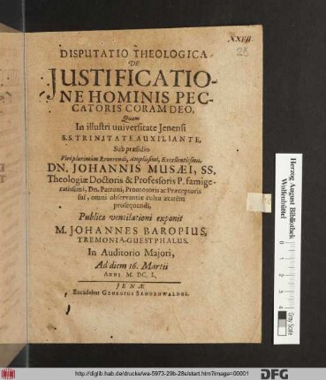 Disputatio Theologica De Iustificatione Hominis peccatoris Coram Deo
