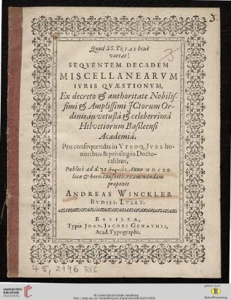 Sequentem Decadem Miscellanearum Iuris Quaestionum
