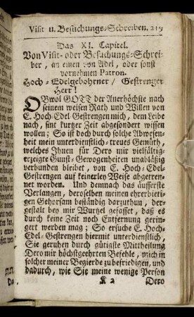 Das XI. Capitel. Von Visit- oder Besuchungs-Schreiben, an einen von Adel, oder sonst vornehmen Patron.