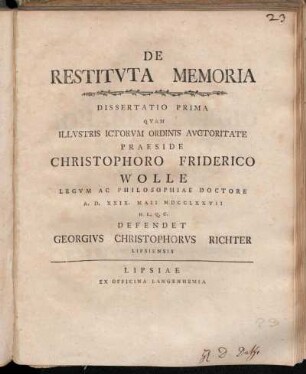 De Restitvta Memoria : Dissertatio Prima