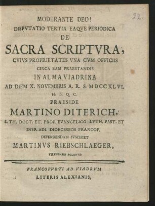 Disputatio Tertia Eaque Periodica De Sacra Scriptura