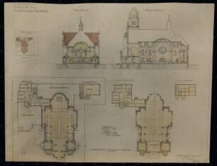 Projekt für eine Katholische Kirche, Berlin-Lankwitz: Entwurfszeichnung: Ansichten, Lageplan, Grundrisse