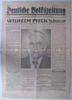 Tageszeitung der KPD "Deutsche Volkszeitung" zum 70. Geburtstag von Wilhelm Pieck (Standardausgabe)